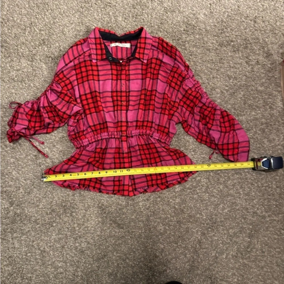 Free People Pacific Dawn Red Pink Plaid Shirred Shirt Top. Size Medium. - Picture 9 of 15